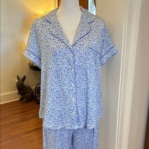 Kate Spade Blue Floral Pajama Set with Cropped Wide Pants L